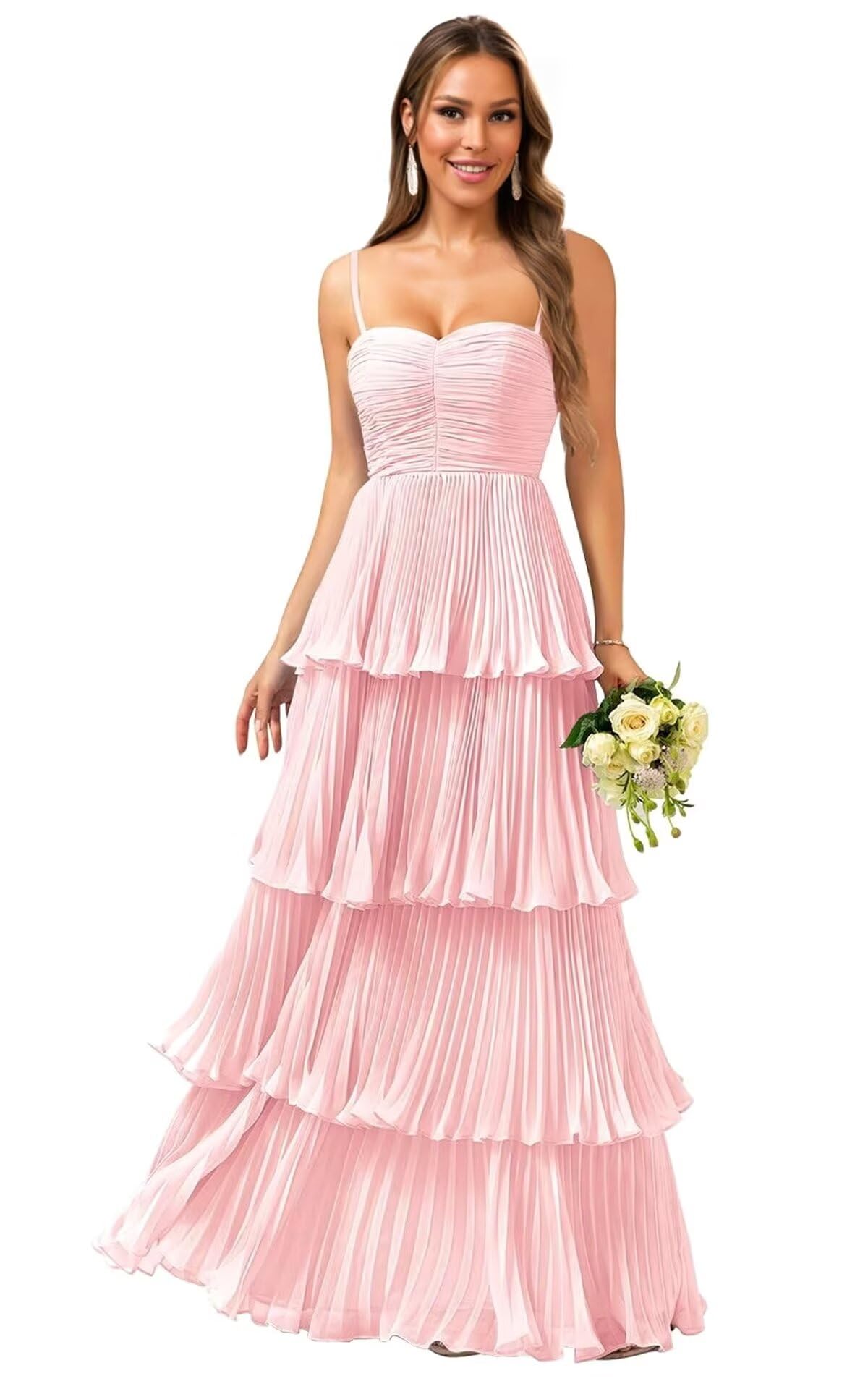 Tiered Ruffle Bridesmaid Dresses for Women Spaghetti Straps Long Chiffon Formal Evening Prom Gowns