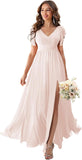 V Neck Flutter Sleeves Bridesmaid Dresses with Slit 2025 Chiffon Aline Pleats Formal Evening Gowns for Women