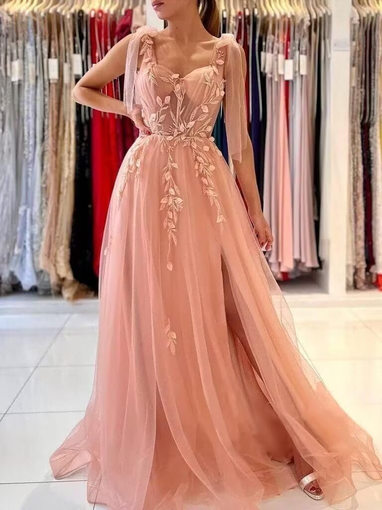 Appliques Tulle Lace Prom Dresses with Slit Spaghetti Straps Formal Evening Dress Sweetheart Ball Gowns