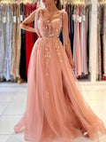 Appliques Tulle Lace Prom Dresses with Slit Spaghetti Straps Formal Evening Dress Sweetheart Ball Gowns
