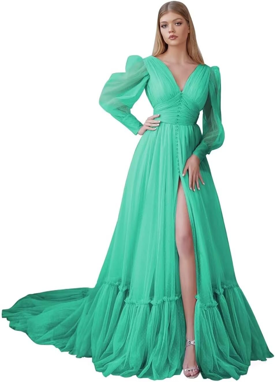Puffy Sleeve Tulle Prom Dresses Long Ball Gown with Slit for Women 2027 V Neck Long Formal Evening Gowns