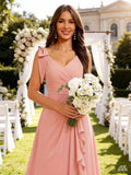 Chiffon Bridesmaid Dresses for Women Ruffles V Neck Flowy Long Formal Evening Dress with Bow