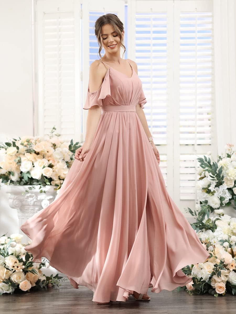 Women's Cold Shoulder Ruffle Sleeves Bridesmaid Dresses for Women 2025 Pleated Chiffon Formal Dresses with Slit