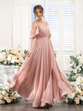 Women's Cold Shoulder Ruffle Sleeves Bridesmaid Dresses for Women 2025 Pleated Chiffon Formal Dresses with Slit