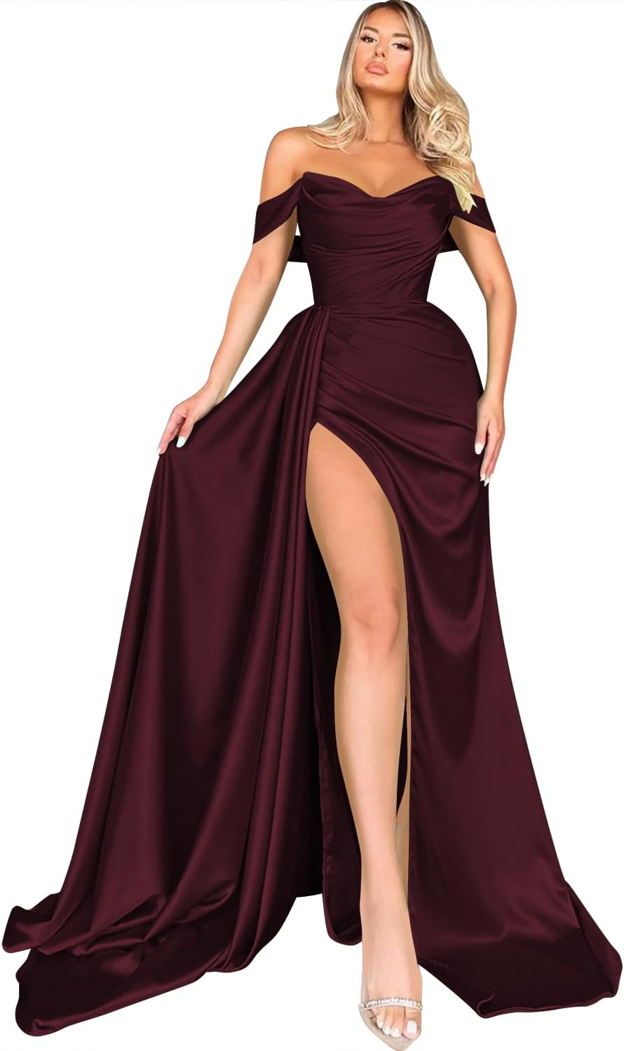 Women's Off Shoulder Mermaid Prom Dresses Long with Slit Pleates Wrap Satin Formal Evening Gowns