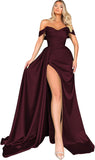 Women's Off Shoulder Mermaid Prom Dresses Long with Slit Pleates Wrap Satin Formal Evening Gowns