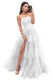 Strapless Tiered Tulle Prom Dresses for Women 2027 Long Sparkly A-Line Formal Evening Party Ball Gowns with Slit