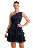 One Shoulder Satin Homecoming Dresses for Teens 2026 Short A-line Prom Dress Pleated Tiered Cocktail Party Gowns