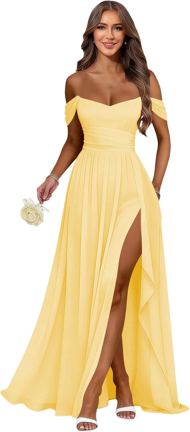 Women's Long Chiffon Bridesmaid Dresses with Slit Off Shoulder A-Line Formal Prom Evening Gown Maxi Wedding Guest Dress