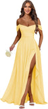 Women's Long Chiffon Bridesmaid Dresses with Slit Off Shoulder A-Line Formal Prom Evening Gown Maxi Wedding Guest Dress