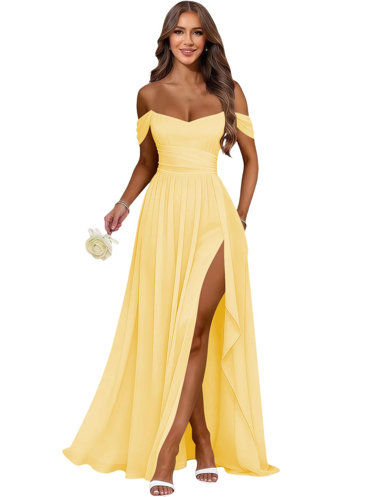 Women's Long Chiffon Bridesmaid Dresses with Slit Off Shoulder A-Line Formal Prom Evening Gown Maxi Wedding Guest Dress