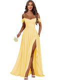 Women's Long Chiffon Bridesmaid Dresses with Slit Off Shoulder A-Line Formal Prom Evening Gown Maxi Wedding Guest Dress
