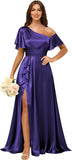 Short Sleeve Satin Bridesmaid Dresses for Women Ruffle One Shoulder Formal Evening Gowns with Slit
