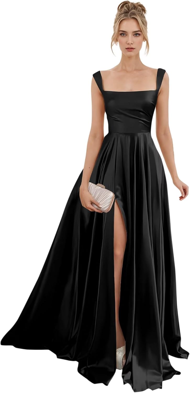 Spaghetti Straps Satin Bridesmaid Dresses for Women Long A-Line Square Neck Formal Evening Party Gown with Slit