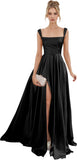 Spaghetti Straps Satin Bridesmaid Dresses for Women Long A-Line Square Neck Formal Evening Party Gown with Slit