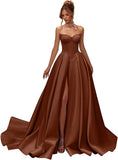 Kingbridal Gowns Strapless Prom Dresses for Women 2026 Long Satin A-line Formal Dress with Slit Beaded Corset Evening Party Gowns
