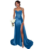 Lace Satin Prom Dresses for Women 2026 Long Mermaid Spaghetti Straps Corset Formal Evening Party Dress with Slit