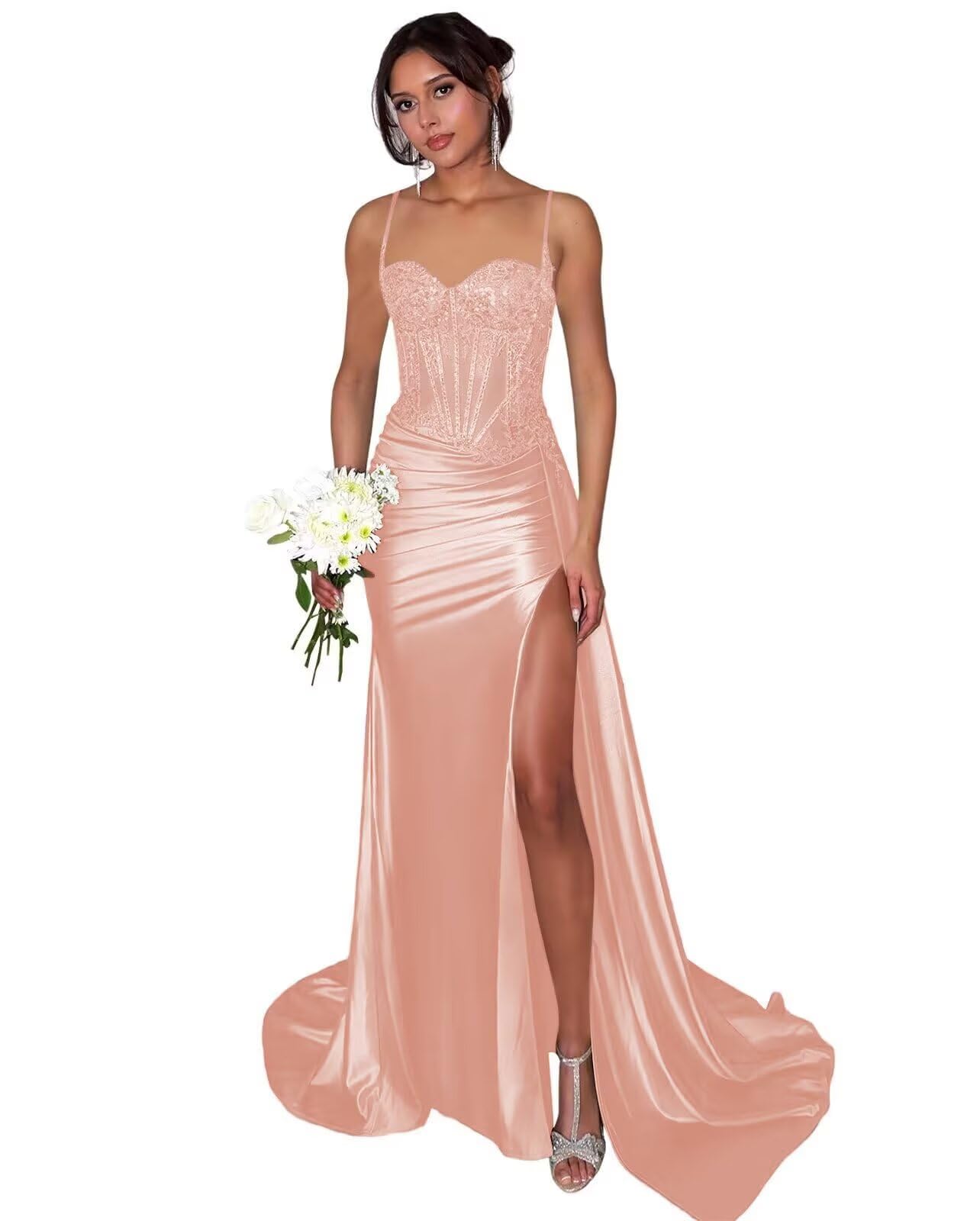 Lace Satin Prom Dresses for Women 2026 Long Mermaid Spaghetti Straps Corset Formal Evening Party Dress with Slit