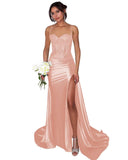 Lace Satin Prom Dresses for Women 2026 Long Mermaid Spaghetti Straps Corset Formal Evening Party Dress with Slit