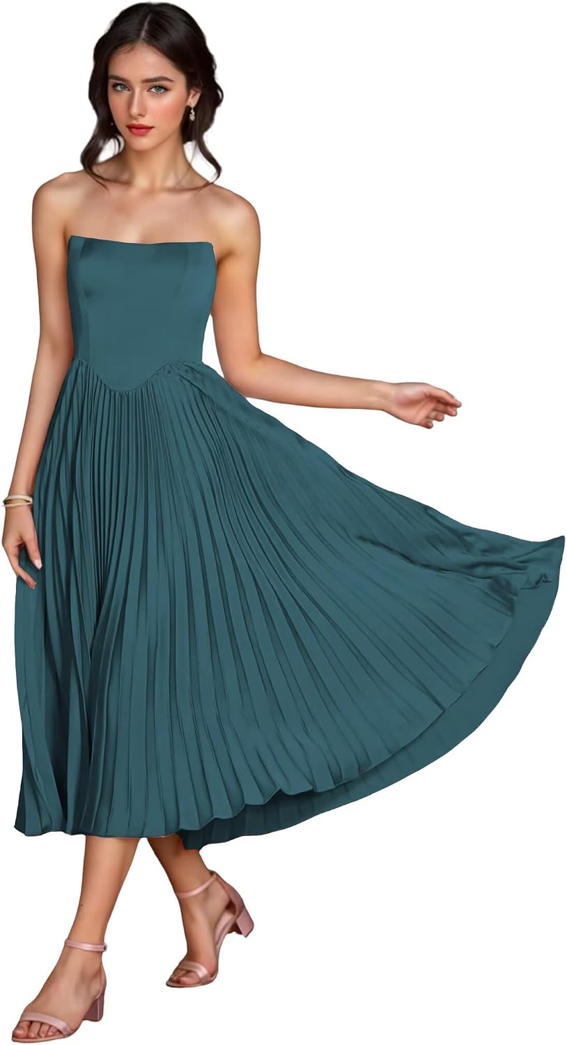 Women's Strapless Bridesmaid Dresses for Womens Tea Length Ruffle Satin Formal Prom Dress