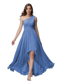 Vestido de dama de honor de un solo hombro para mujer, vestido formal de noche de gasa con bolsillos y corte alto bajo