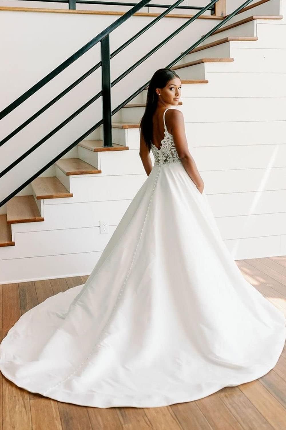 V Neck Satin Wedding Dresses for Bride A Line Beach Boho Backless Lace Bridal Gowns