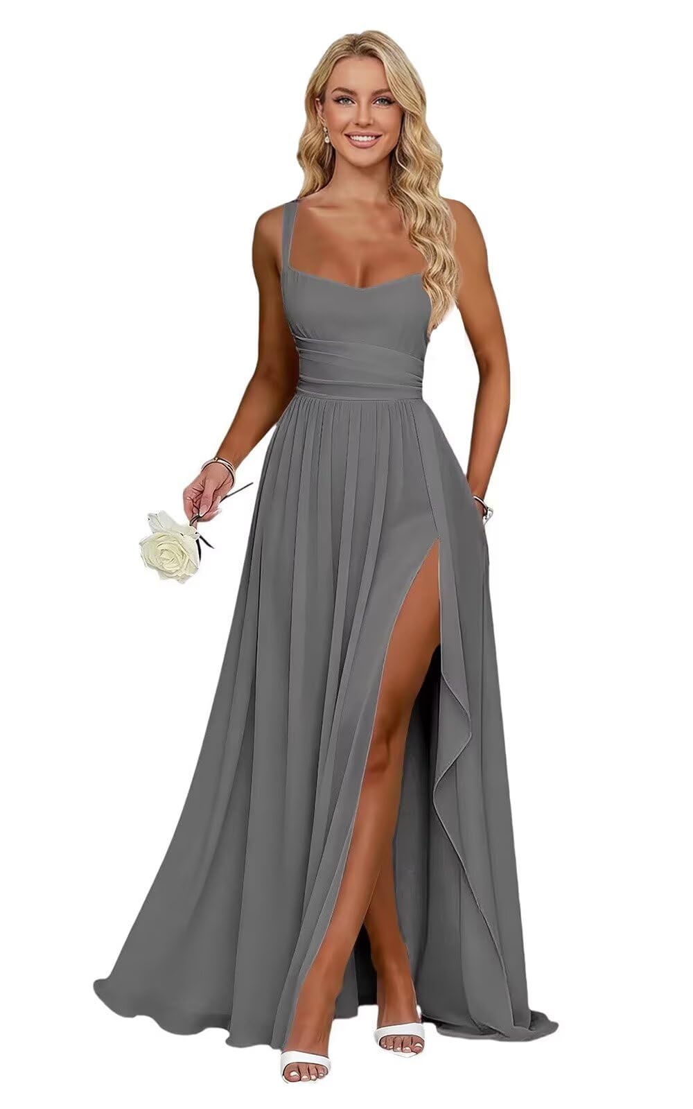 Ruffle Chiffon Bridesmaid Dress Long Square Neck Pleated Formal Gowns with Slit for Women Plus Size Spaghetti Straps Ruffles