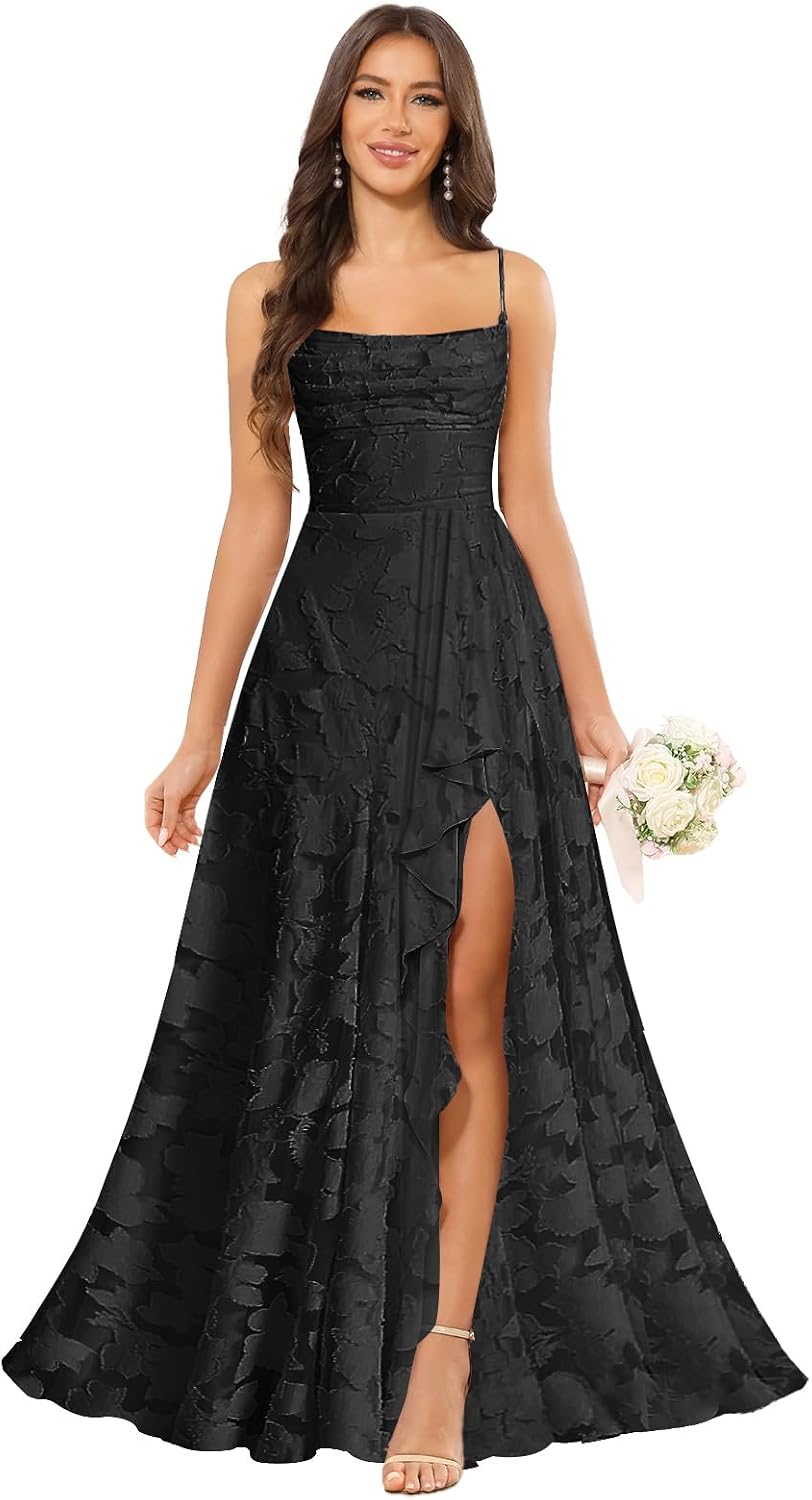 Women’s Ruffled Bridesmaid Dresses Scoop Neck Floral Chiffon Formal Dress Wrap Pleated Wedding Guest Dress