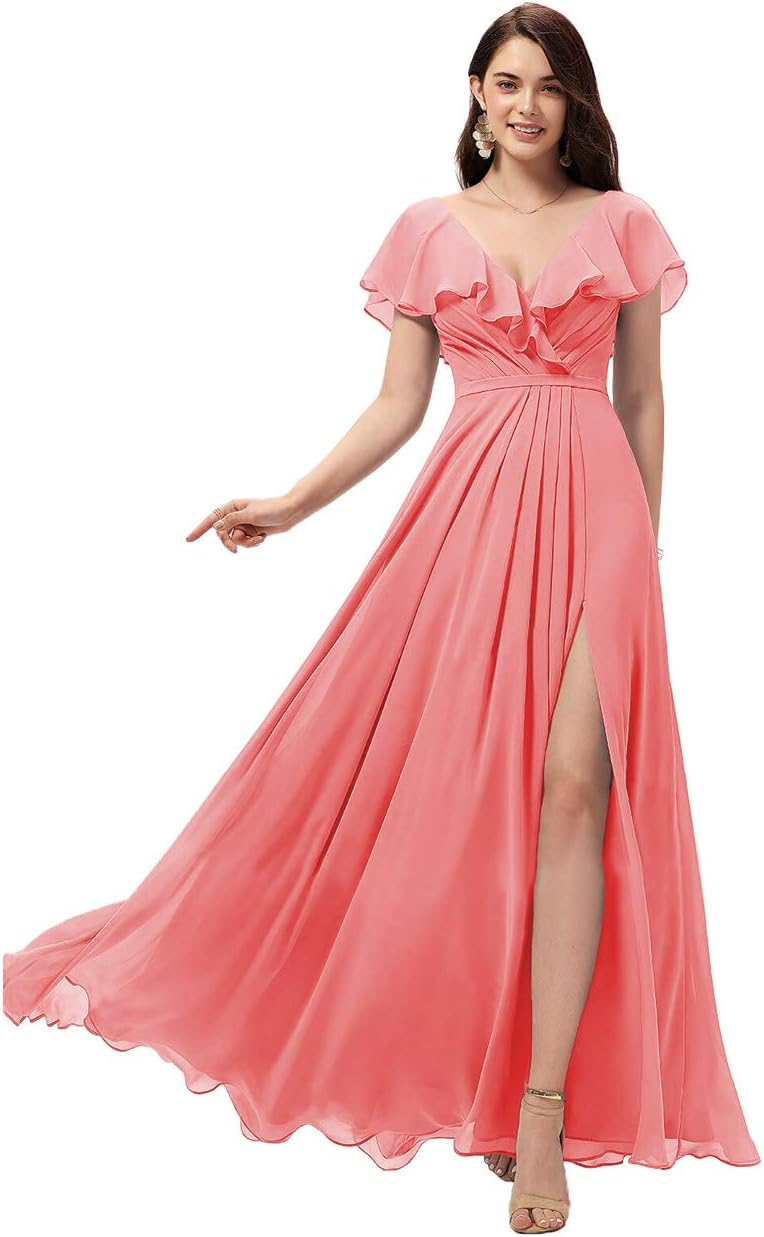 Vestidos de dama de honor largos con escote en V y volantes de gasa para mujer, vestidos de noche formales