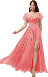 Vestidos de dama de honor largos con escote en V y volantes de gasa para mujer, vestidos de noche formales