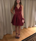 Vestido corto de satén con cuello halter y bolsillos para adolescentes con apliques de encaje