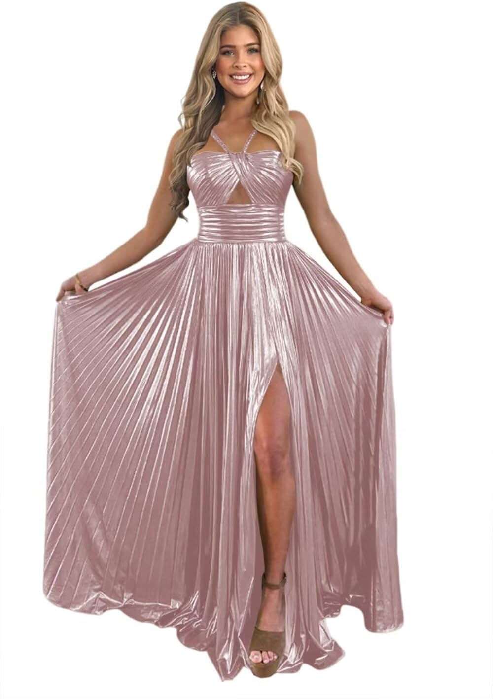 Vestido de fiesta de satén metálico brillante con abertura para mujer, vestido formal de noche plisado con cuello halter 