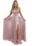Vestido de fiesta de satén metálico brillante con abertura para mujer, vestido formal de noche plisado con cuello halter 