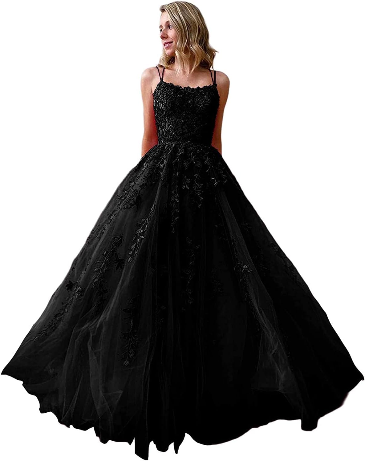 Ballkleider, langes Ballkleid für Damen, Spaghettiträger, Tüll, A-Linie, sexy, rückenfrei, formelle Partykleider mit Taschen 