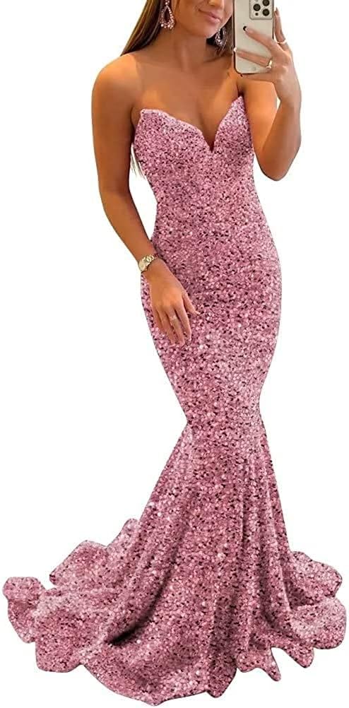 Women's Strapless Sequin Prom Dresses with Train Criss-Cross Mermaid Long Formal Evening Gowns
