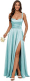 Jacquard Satin Prom Dresses with Slit Spaghetti Straps A Line Maxi Long Formal Evening Dress
