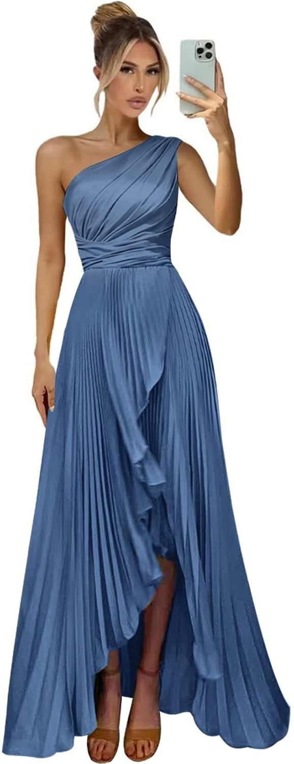 One Shoulder Bridesmaid Dresses for Women Satin Pleated Long A Line Formal Prom Evening Party Dress with Slit