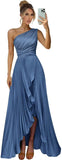 One Shoulder Bridesmaid Dresses for Women Satin Pleated Long A Line Formal Prom Evening Party Dress with Slit