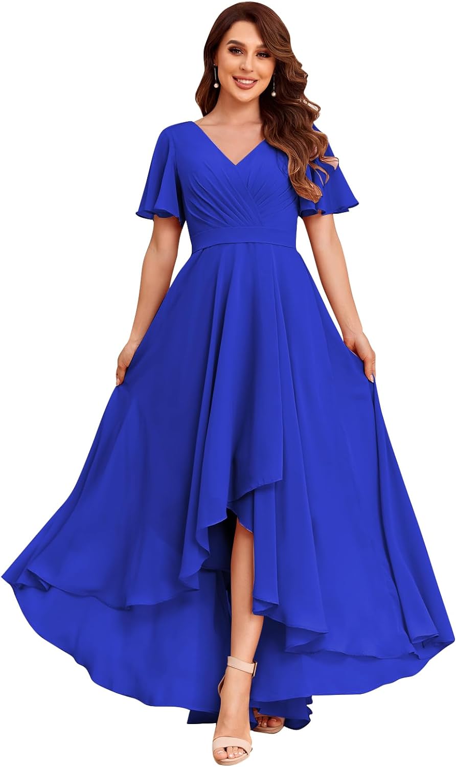 Women's Flutter Sleeve Bridesmaid Dresses with Pockets High Low Formal Dress
