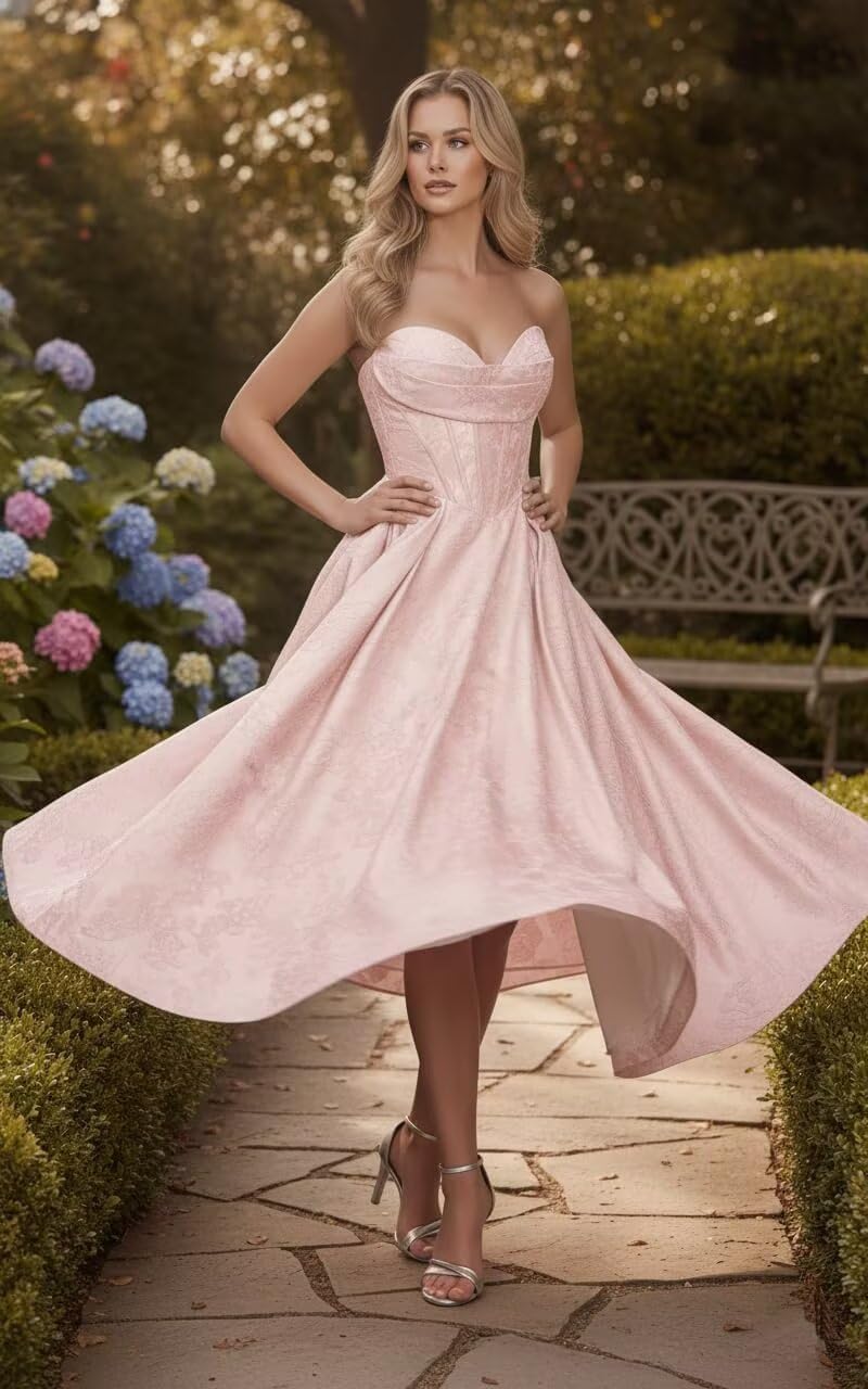Strapless Floral Satin Prom Dresses for Women 2026 Jacquard Aline Formal Evening Party Dress with Pockets