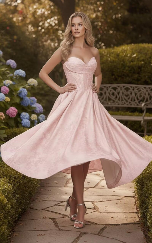 Strapless Floral Satin Prom Dresses for Women 2026 Jacquard Aline Formal Evening Party Dress with Pockets