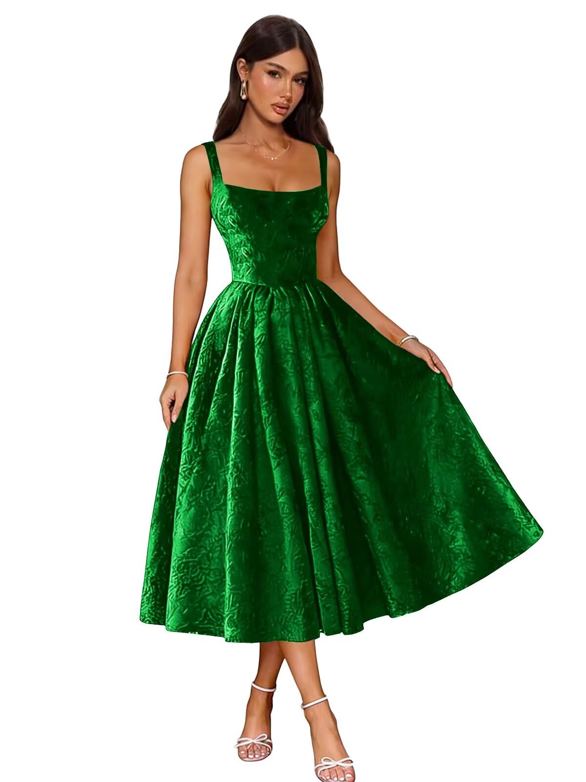 Jacquard Satin Prom Dresses 2026 Floral Square Neck Tea Length Ruched Elegant Formal Ball Gown with Pockets