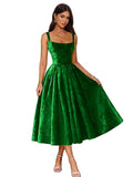 Jacquard Satin Prom Dresses 2026 Floral Square Neck Tea Length Ruched Elegant Formal Ball Gown with Pockets
