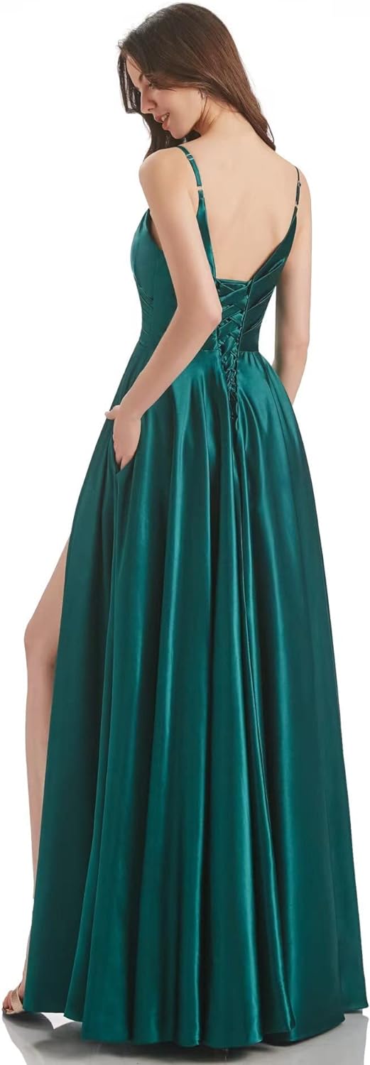 Lange Brautjungfernkleider für Frauen, formelle Satin-Spaghettiträger, Abschlussball- und Abendkleider 