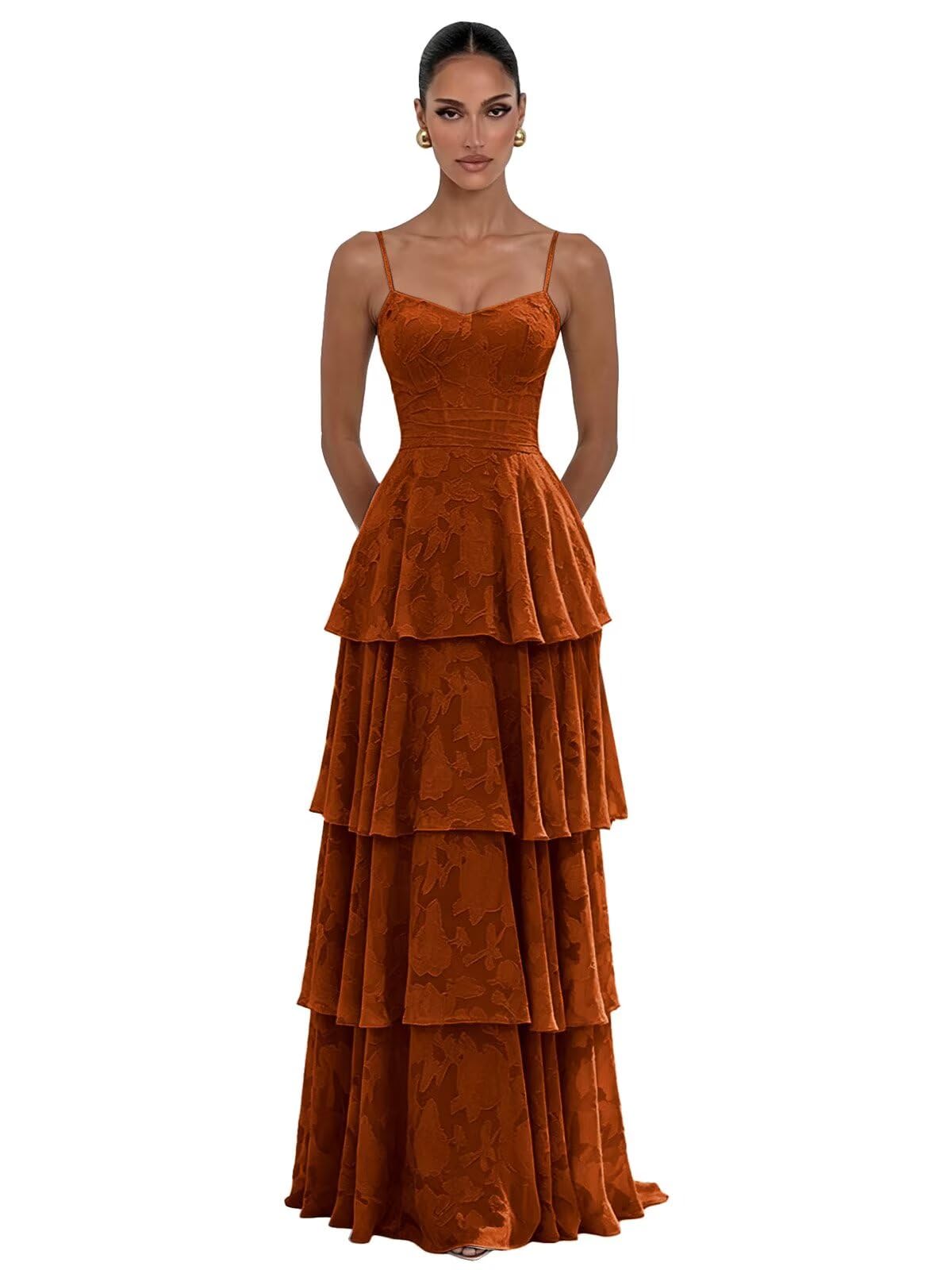 Jacquard Floral Bridesmaid Dresses for Women Long A-Line V Neck Lace Tiered Formal Evening Gown