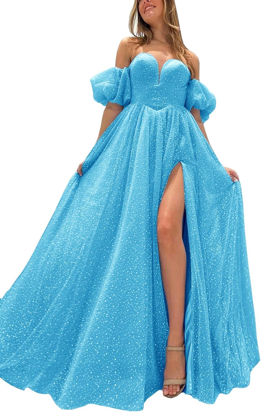Tulle Prom Dresses for Women 2027 Sparkly Puffy Sleeves Long Ball Gowns with Slit A-Line Evening Dresses
