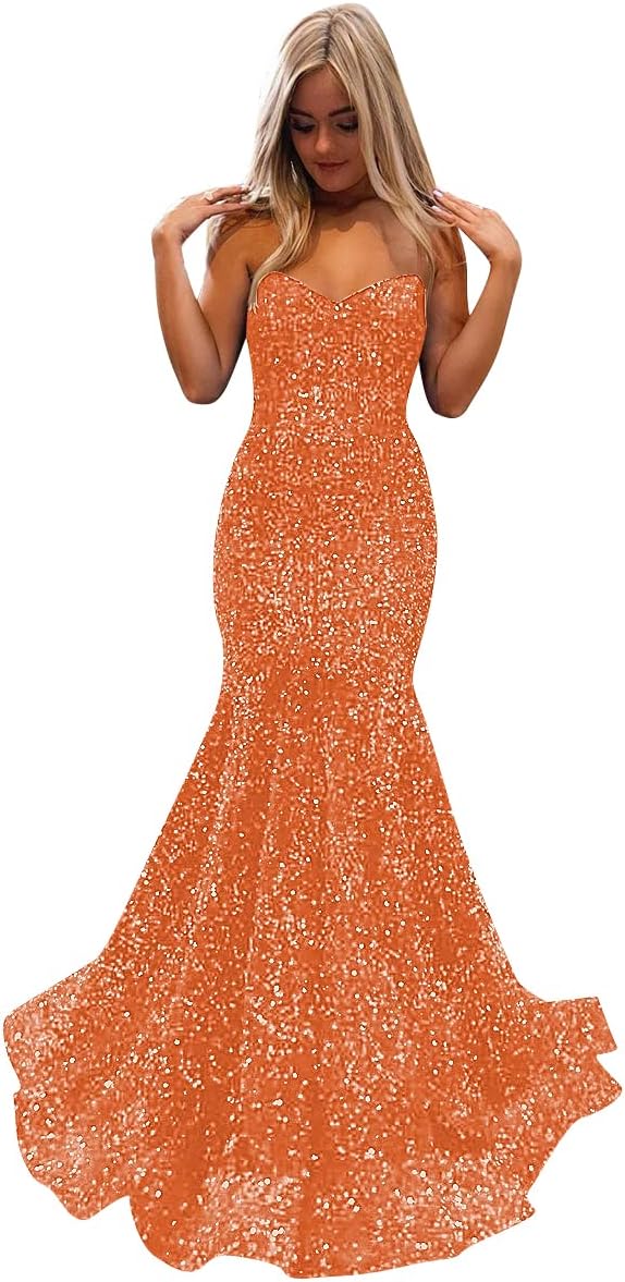 Women's Strapless Sequin Prom Dresses with Train Criss-Cross Mermaid Long Formal Evening Gowns
