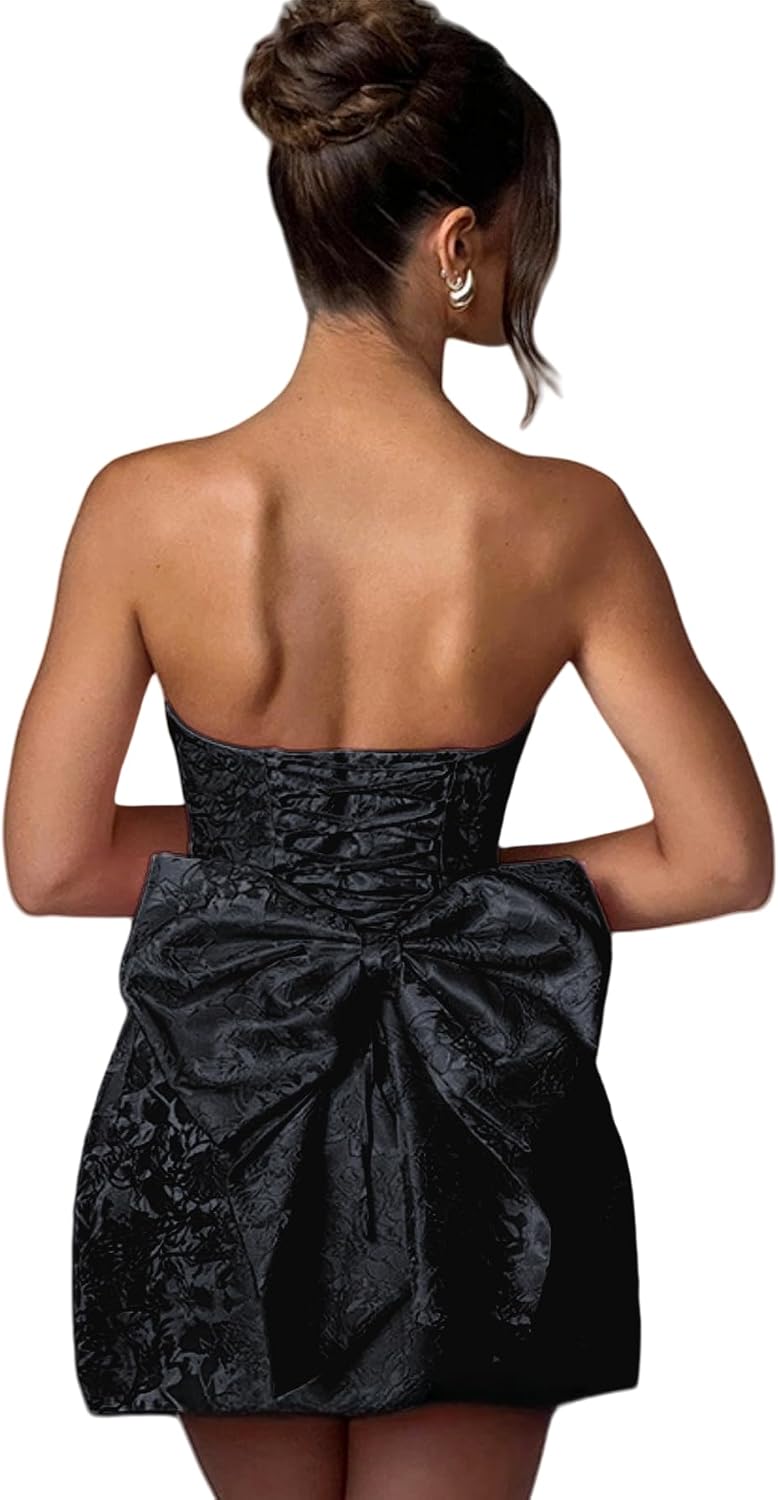 Jacquard Satin Homecoming Dress with Bow Elegant Strapless Mini Dress A Line Short Prom Dresses Party Gown