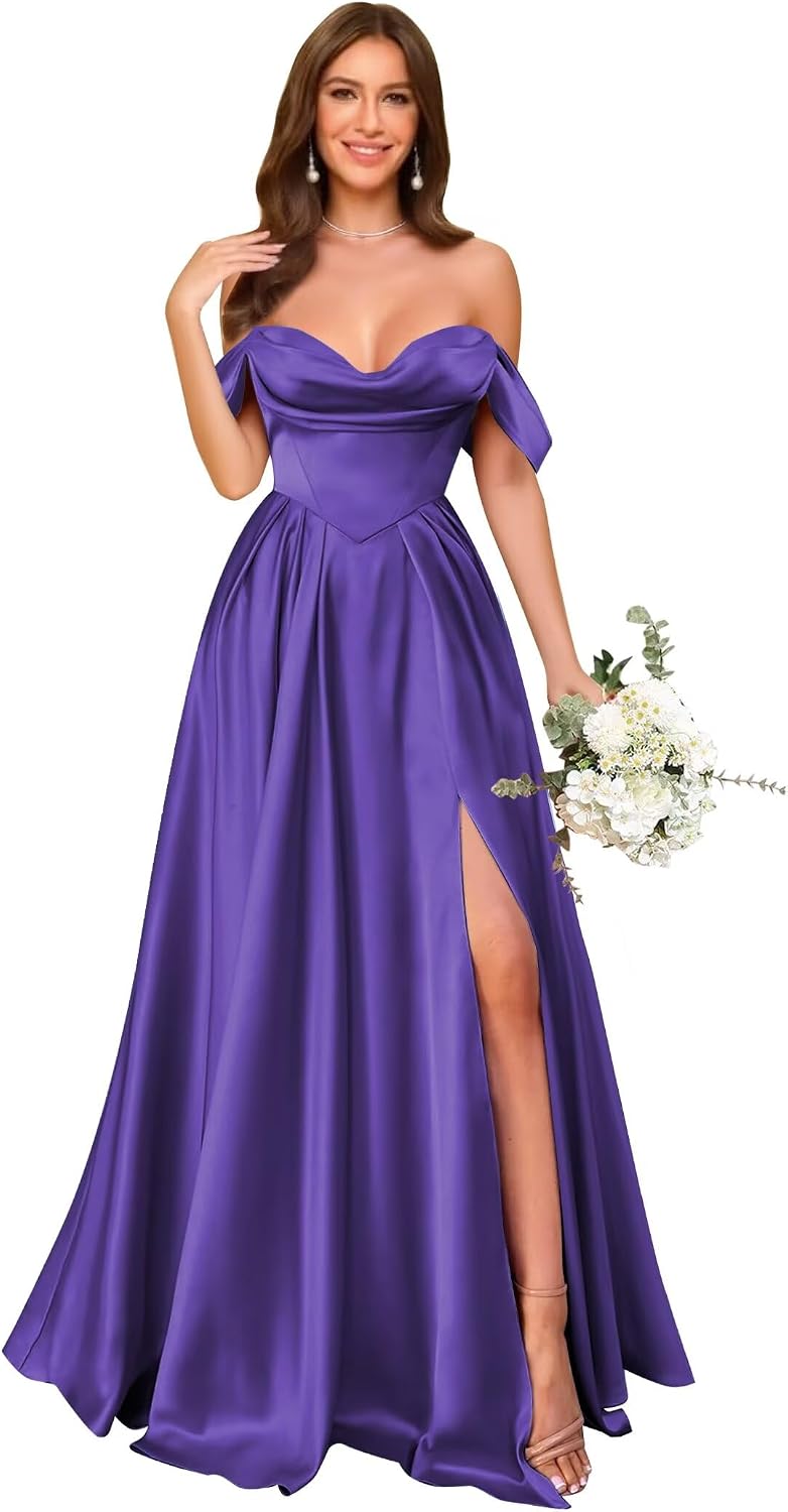 Off Shoulder Satin Bridesmaid Dresses Long Pleated Formal Dresses A Line Evening Gowns with Slit