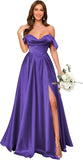 Off Shoulder Satin Bridesmaid Dresses Long Pleated Formal Dresses A Line Evening Gowns with Slit